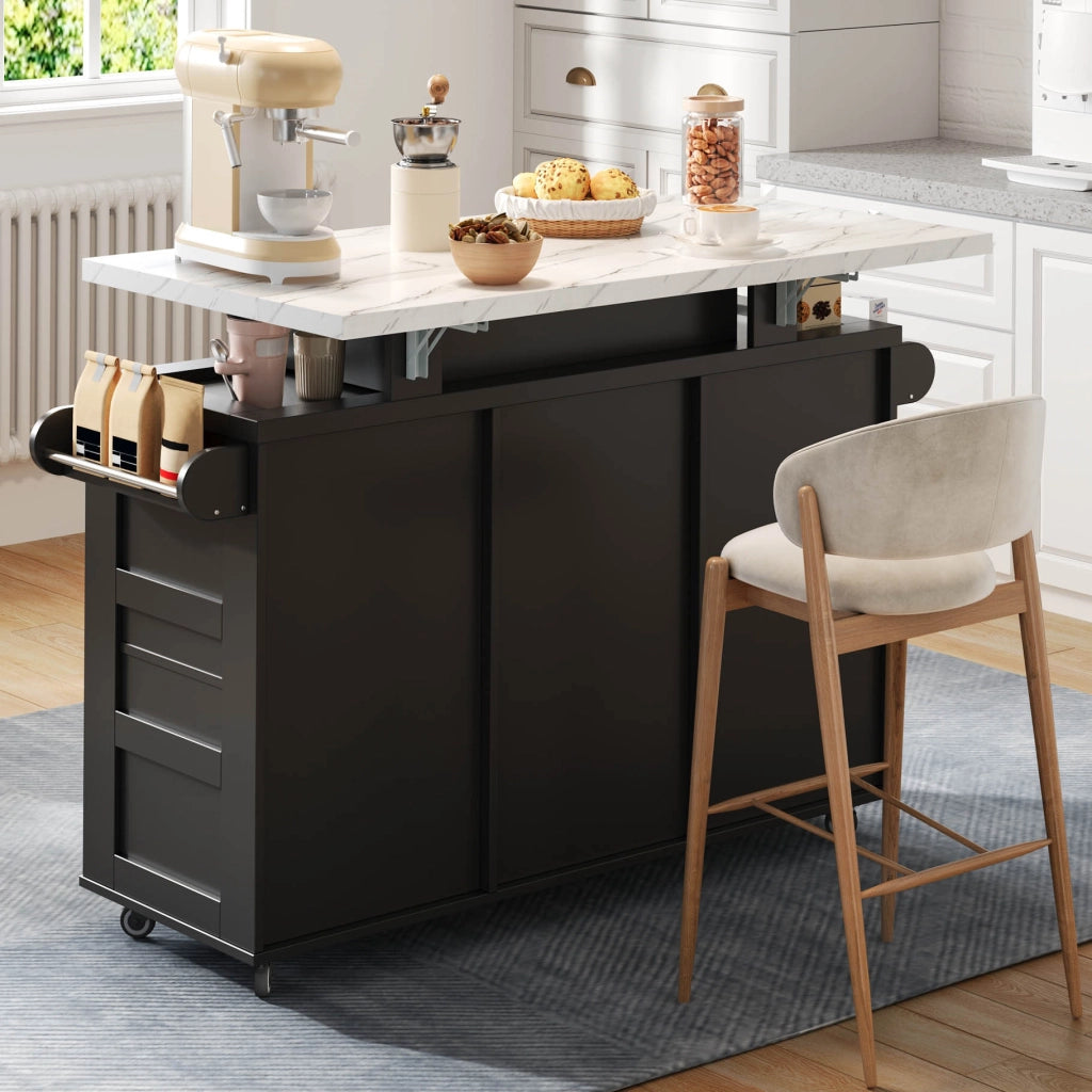 Carrello da Cucina con 2 Ante e 3 Cassetti; LED; Piano Ribaltabile; Portabicchieri e Portabottiglie; MDF
