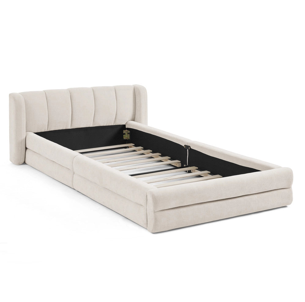 Letto 90x200 cm con testiera ergonomica e struttura stabile in chenille beige