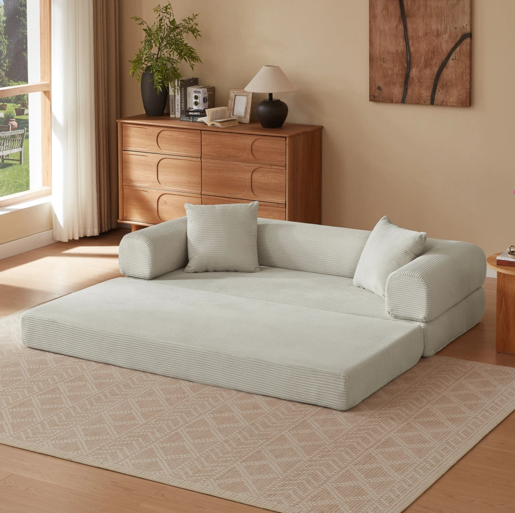 Divano letto modulare in velluto beige con imbottitura in schiuma