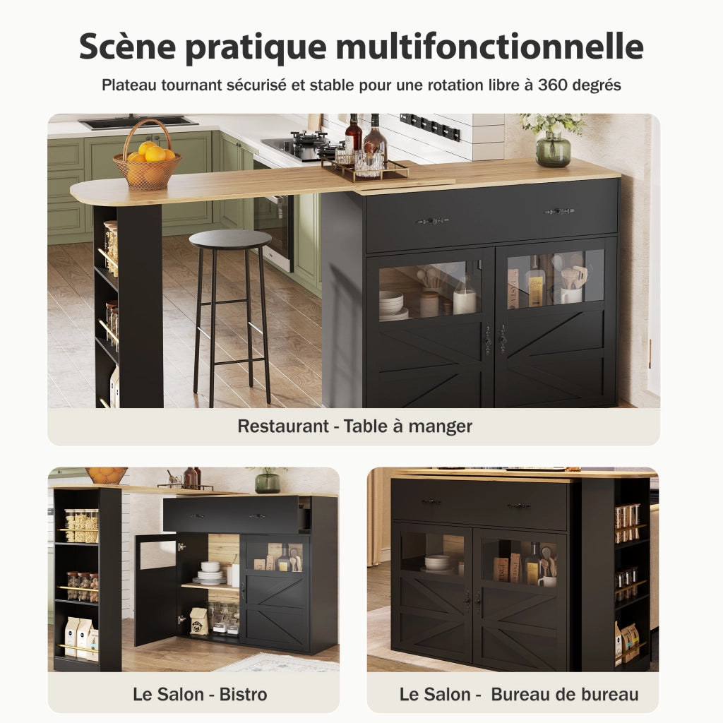 Tavolo da Pranzo Allungabile con 1 Cassetto; 3 Ripiani e Rotazione a 360 Gradi; in MDF; Nero; 138-204x39x104 cm