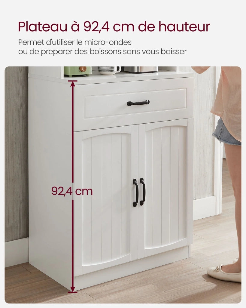 Credenza alta da cucina 41,5 x 73 x 179,8 cm mobiletto dispensa con ante in vetro e ripiani regolabili foro per cavo microonde stile moderno bianco 12_0004537