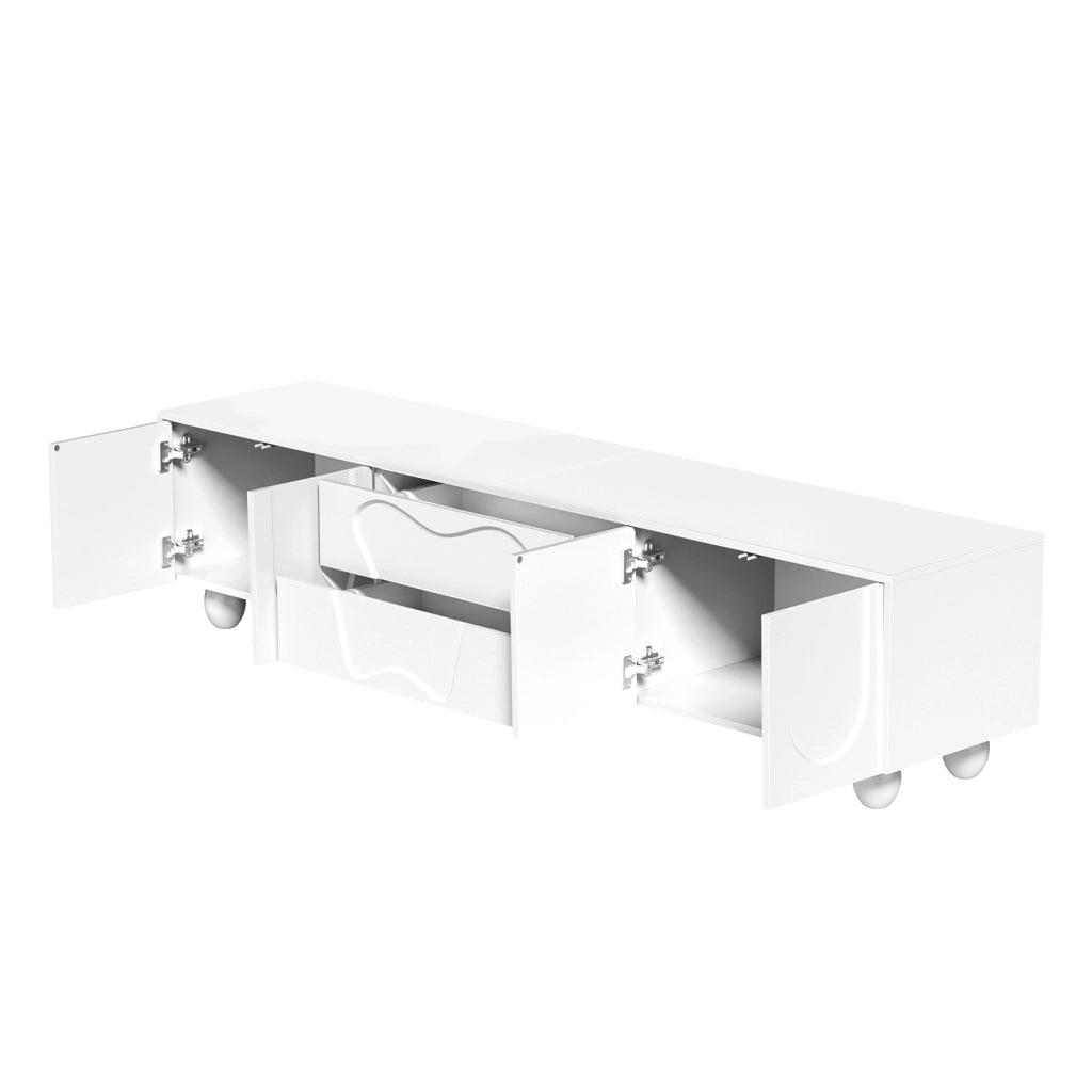 Mobile TV bianco 180 cm con gambe in legno massello, design moderno con ampio spazio contenitivo