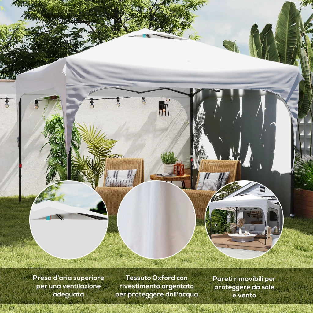 Gazebo da Giardino 3x3 m ad Altezza Regolabile su 3 Livelli. in Poliestere e Acciaio. Bianco
