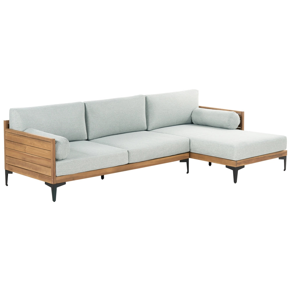 Divano angolare da giardino a 4 posti in legno d'acacia grigio con cuscini per esterni stile elegante