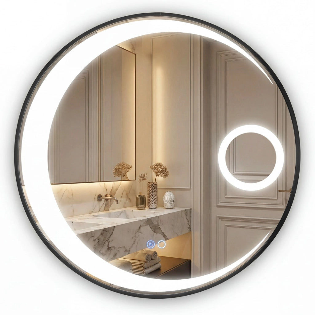 Specchio da trucco circolare con 3 colori di luce e lente d¡¯ingrandimento 3X-Specchio smart da parete da 61 cm