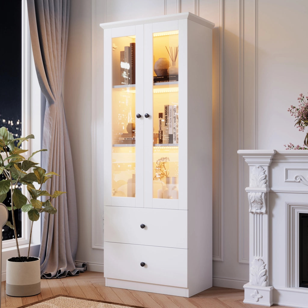 VETRINA con LED 60x35,5x165 cm Bianca in MDF e Truciolare con 2 Cassetti
