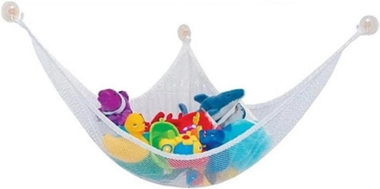 Ottimizzazione dello spazio per la conservazione di giocattoli in camera da bambino, con corda e ganci, bianco.