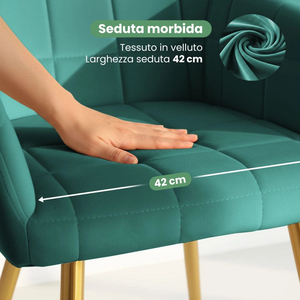 Set di 4 Sedie imbottite con cuciture quadrate LUXANO Verde Bottiglia gambe oro