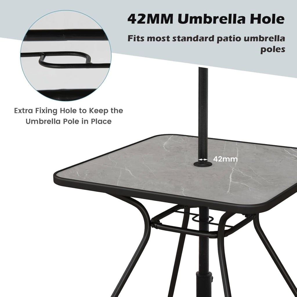 Tavolino con foro per ombrellone, tavolo da giardino 80 x 80 cm, per 4 persone, tavolo da balcone con piano in marmo artificiale, tavolo da bistrot fino a 100 kg, tavolo da pranzo per