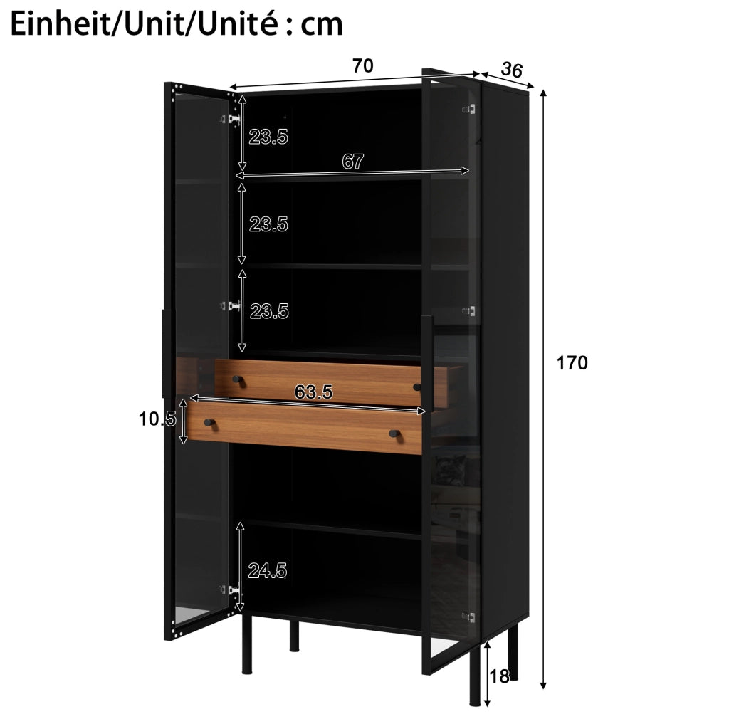 Vetrina moderna con 2 ante in vetro; LED controllabile da app; 70x36x170 cm; nero