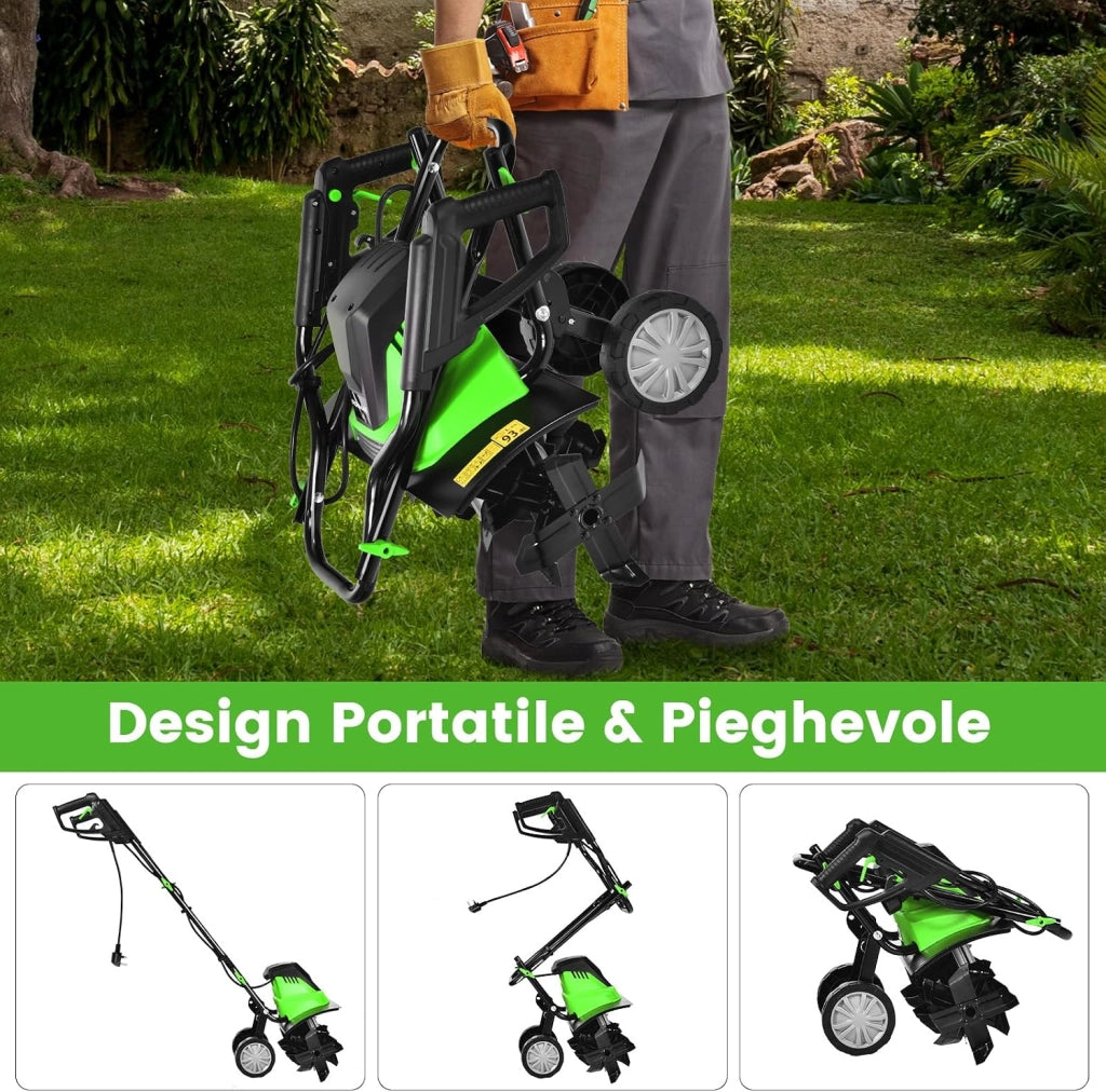Motozappa Elettrica 1500W, Zappatrice Elettrica con Maniglia Pieghevole, Ruote Regolabili, 6 Lame, Velocità 400 PRM, Profondità 22 cm, Larghezza 43 cm (Verde, 1500 W)