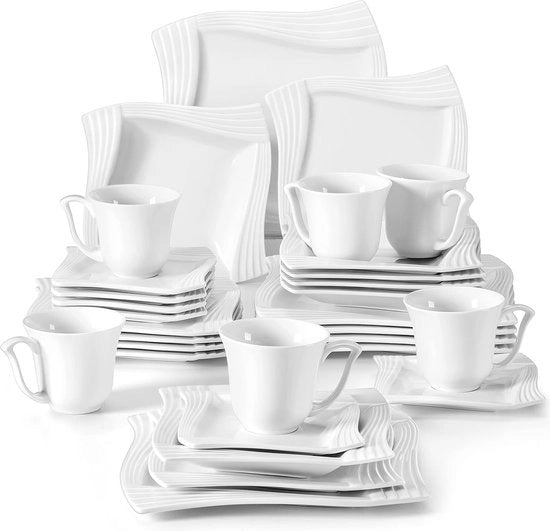 Serie Amparo, 30 pezzi. Servizio da tavola in crema con set di caffè, piatti da dessert, piatti da zuppa e piatti piatti per 6 persone