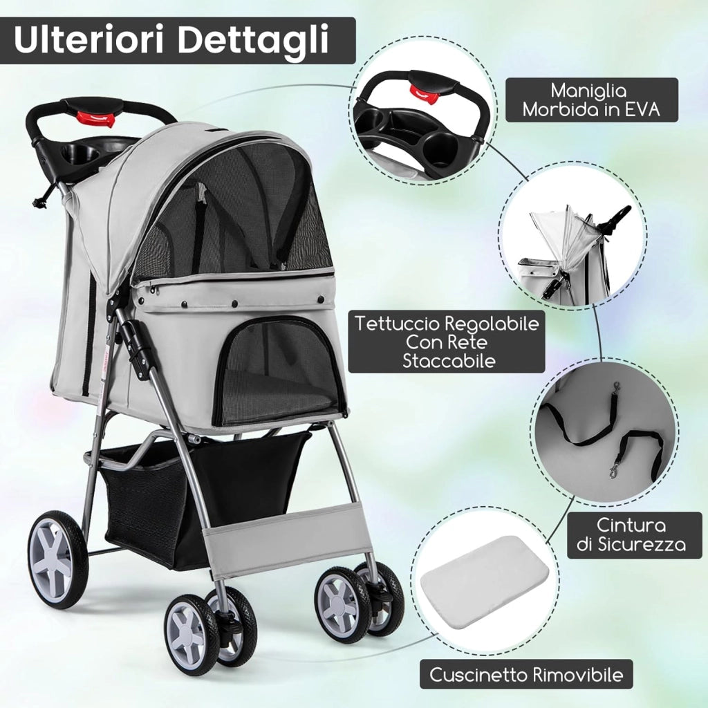 Passeggino per Cani, Carrozzina per Cani Pieghevole Fino a 15 kg, 4 Ruote con Finestra a Rete Porta Bicchiere e Cesto, Passeggino Portatile per Animali Piccola e Media (Grigio)