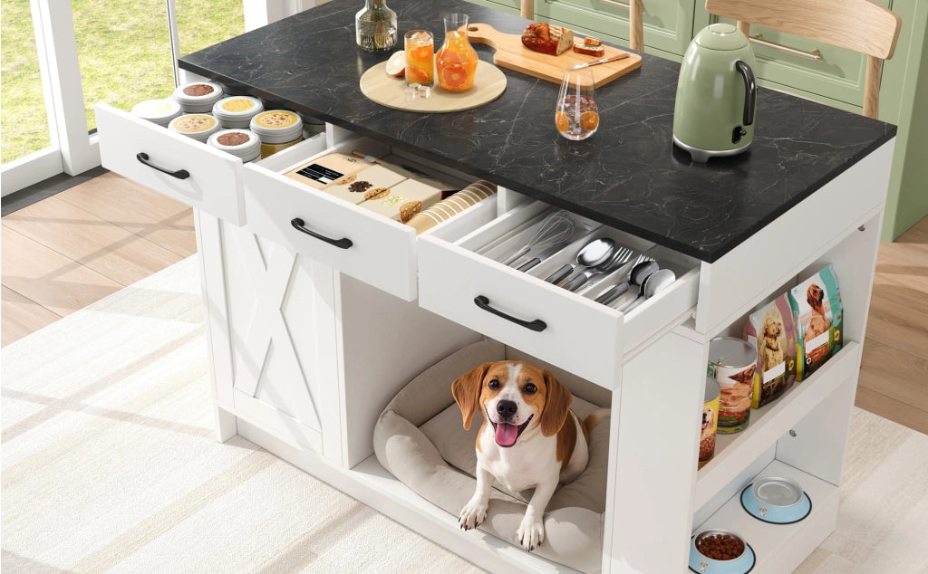 Carrello da cucina con 3 cassetti, vano per animali domestici e ripiano regolabile, bianco