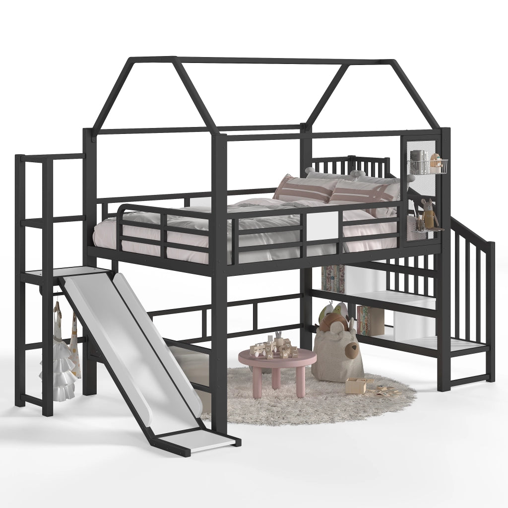 Letto a soppalco per bambini con scivolo; LED Bluetooth e scala; 140 x 200 cm; nero