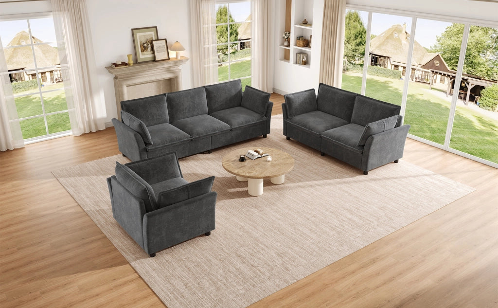 Divano modulare 3 posti con divano 2 posti e poltrona in tessuto chenille per soggiorno e relax moderno grigio
