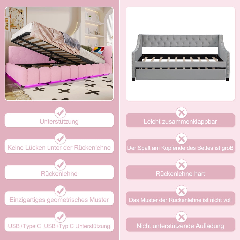 LETTO Daybed 140x200 cm Rosa con LED, USB, Tipo-C e vano contenitore