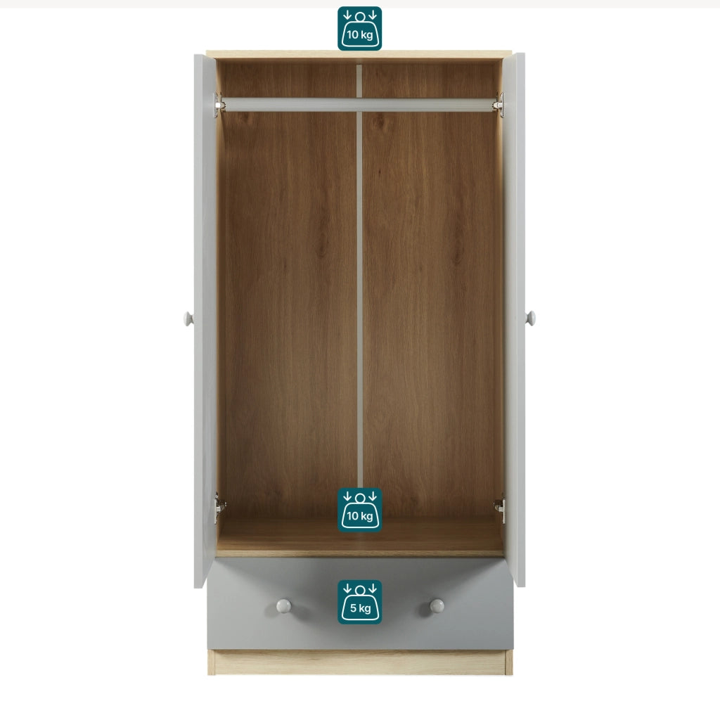 Armadio Beldinupp per Cameretta a 2 Ante e Cassetto 123 x 60 x 40 cm - Effetto Rovere/Grigio [en.casa]