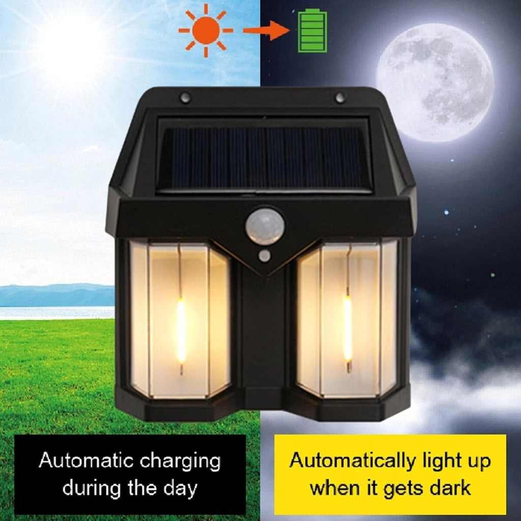 APPLIQUE SOLARE DA PARETE ESTERNO IMPERMEABILE DOPPIO LED SENSORE CREPUSCOLARE
