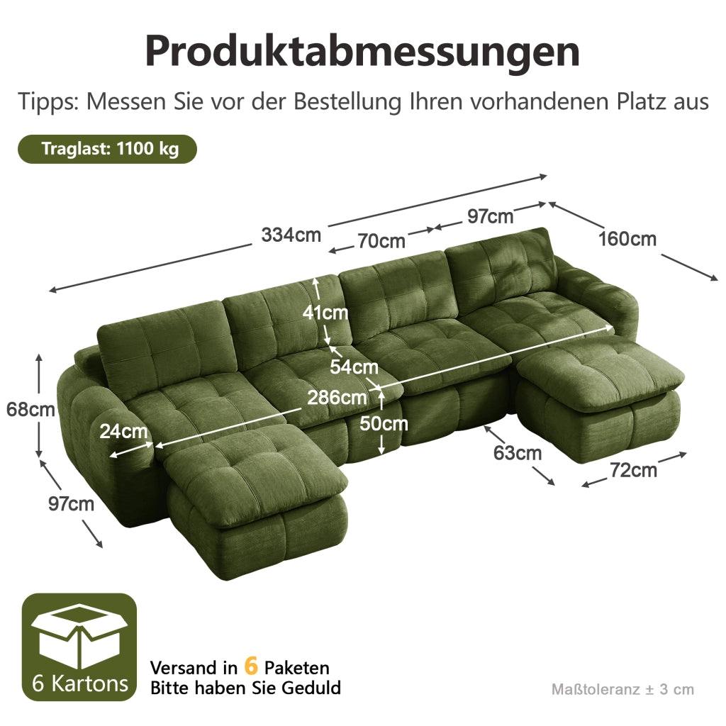 Divano modulare a U senza struttura con seduta ampia e profonda design trapuntato in ciniglia verde con due pouf