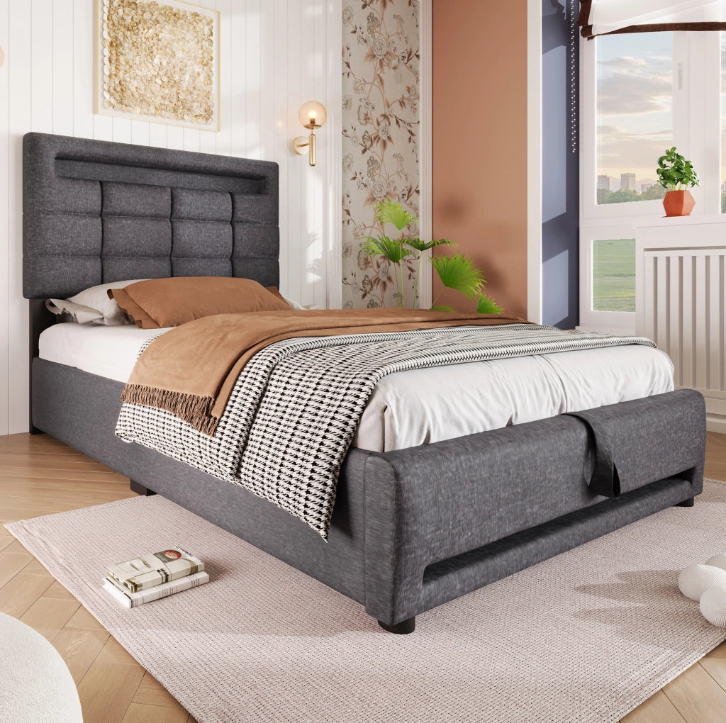 Letto imbottito 90x200 cm in lino grigio con LED APP; vano contenitore idraulico e porta USB
