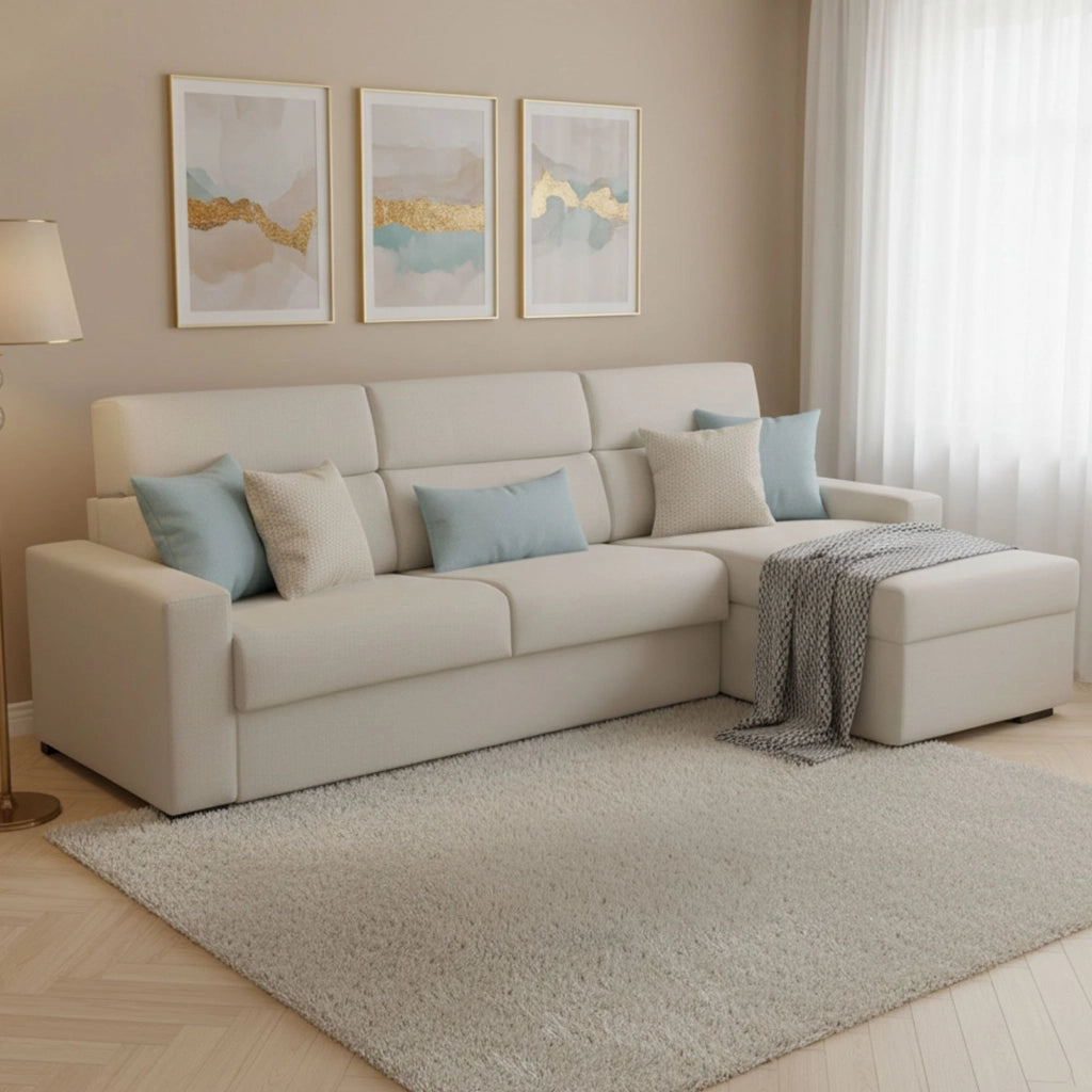 Celleno, Divano Letto con Penisola Sfoderabile Made in Italy, 280x160 cm Beige