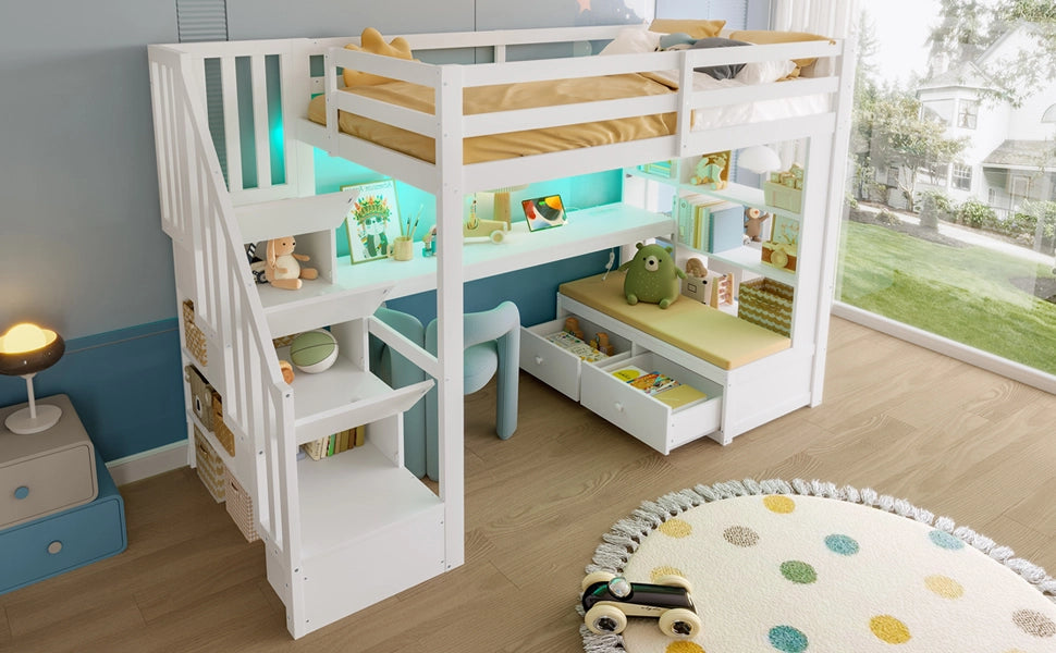 Letto a soppalco 90 × 200 cm con scrivania, ripiani, 2 cassetti, scala contenitore et LED, senza materasso, bianco