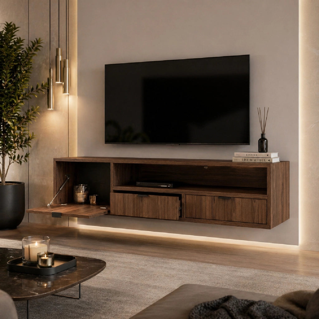Mobile Porta TV Sospeso Con 1 Anta A Ribalta 2 Cassetti E Ampio Vano A Giorno Con Passacavo In Melaminico Per Soggiorno Design Moderno Contemporaneo 150 X 35 X 40 Cm Noce