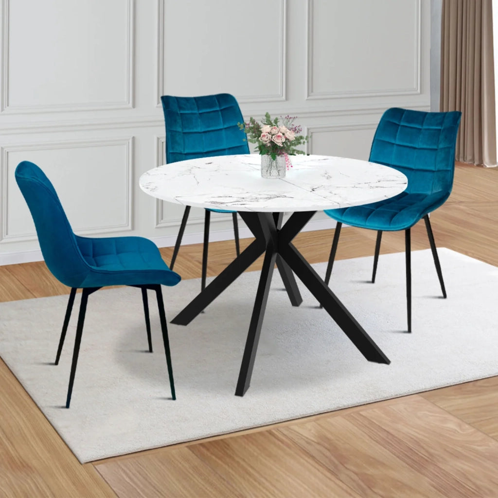 IDMarket - ALIX tavolo da pranzo rotondo allungabile 4-10 persone gamba a ragno nera piano effetto marmo bianco ALASKA 110 - 200 cm