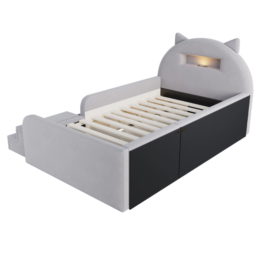 Letto per bambini 90x200 cm con testiera con contenitore; luce notturna e USB; rivestito grigio chiaro