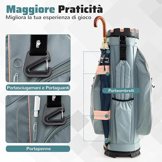 Borsa Carrello da Golf, Sacca da Golf con Serratura e Divisori a 14 Vie, 11 Tasche, Sacca Isolante, Tracolla Imbottita, Maniglie, Porta Ombrello e Cappuccio Antipioggia