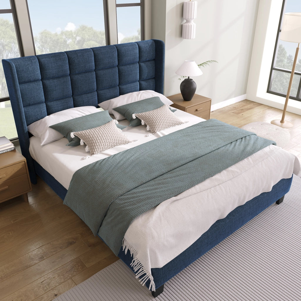 Letto matrimoniale – 140x200 cm – testiera imbottita rete – lino blu
