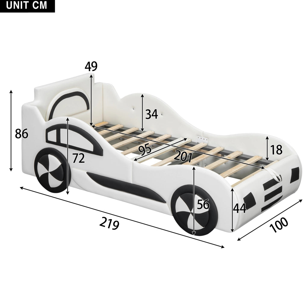 Letto bambino a forma di auto 90x200 cm con contenitore e rete a doghe; bianco