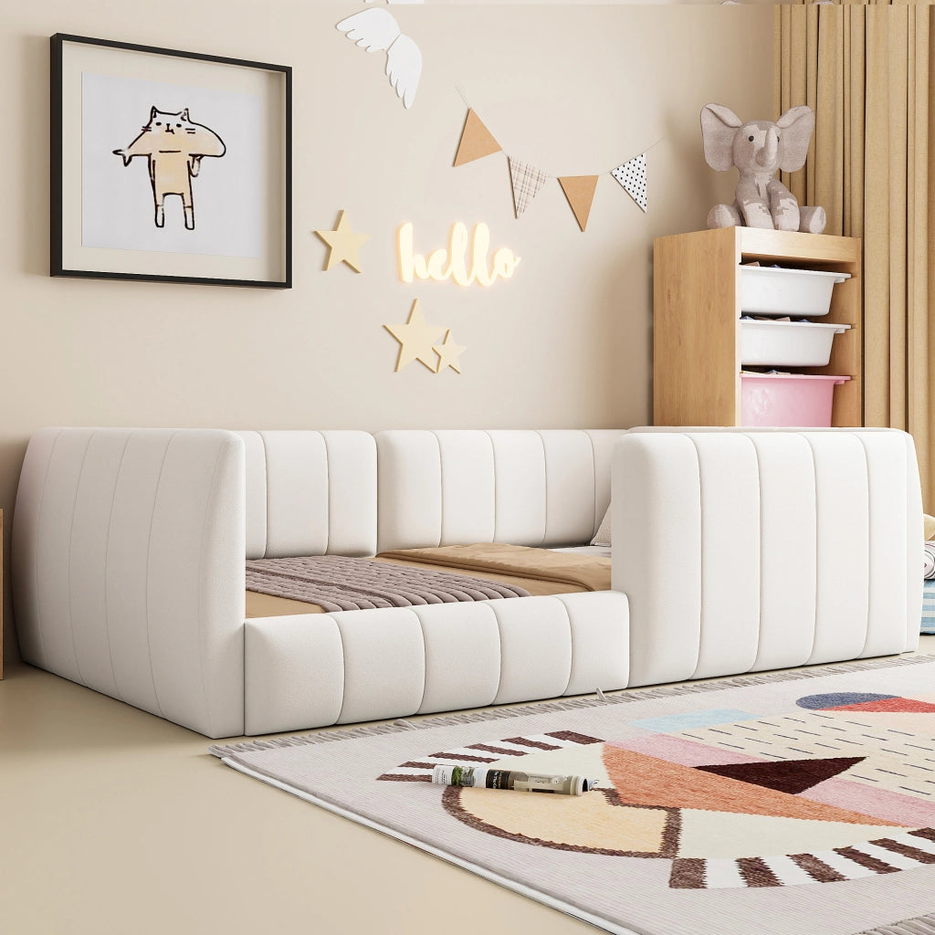Letto imbottito con piattaforma e sponde di sicurezza - Zephmum- 90x200- Beige