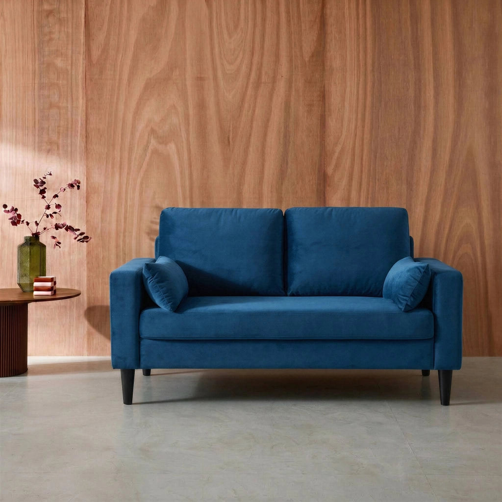 Divano in tessuto con gambe in legno, 2 posti, blu