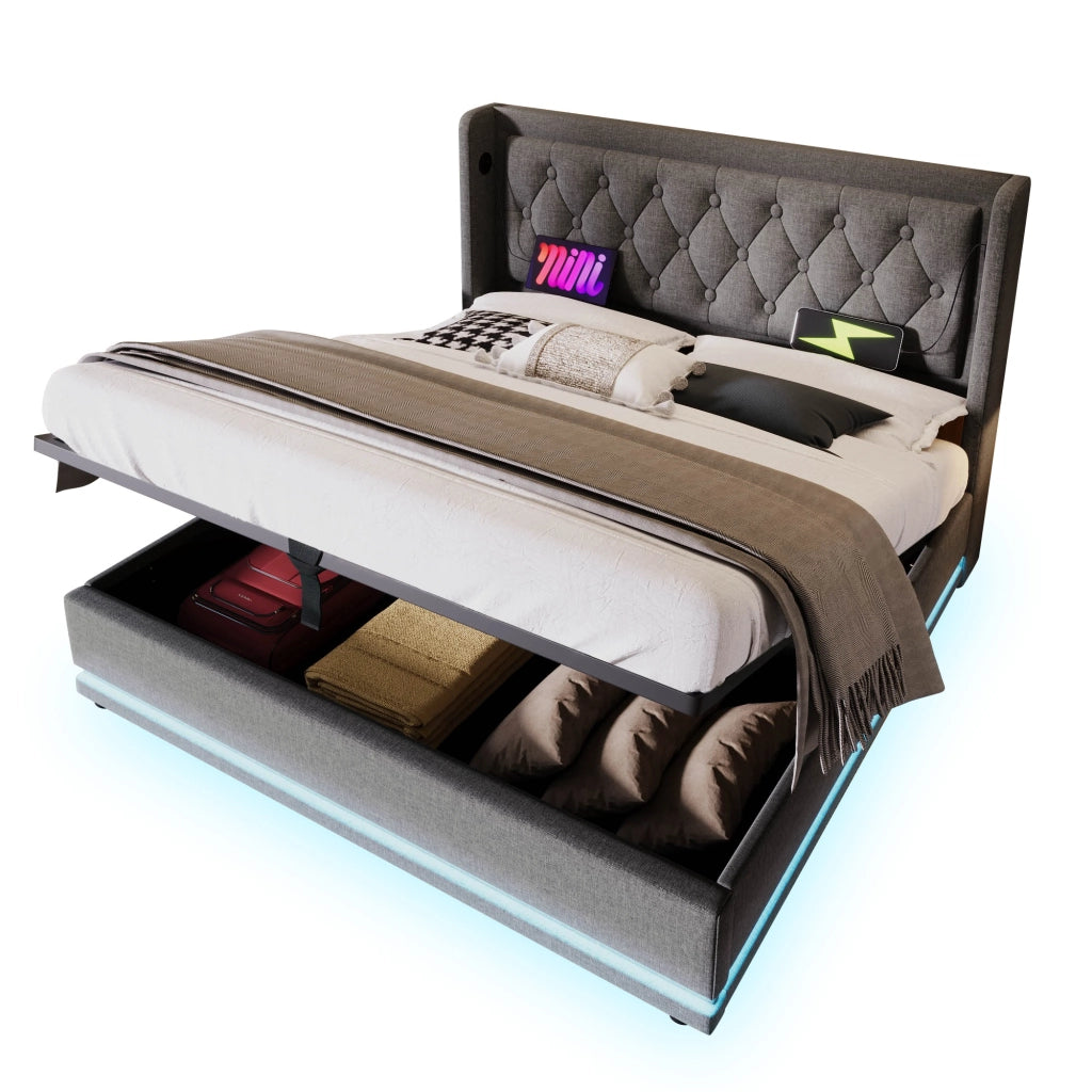 OKWISH Letto Contenitore 180×200 cm, Letto Matrimoniale con USB, Type C, LED e Testiera Imbottita, senza Materasso, in Cotone, Grigio