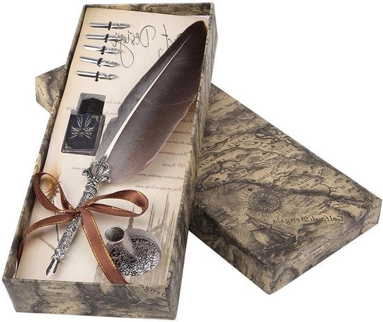 Penna calligrafica antica a 6 punte metalliche con serbatoio d'inchiostro e scatola regalo (nero)