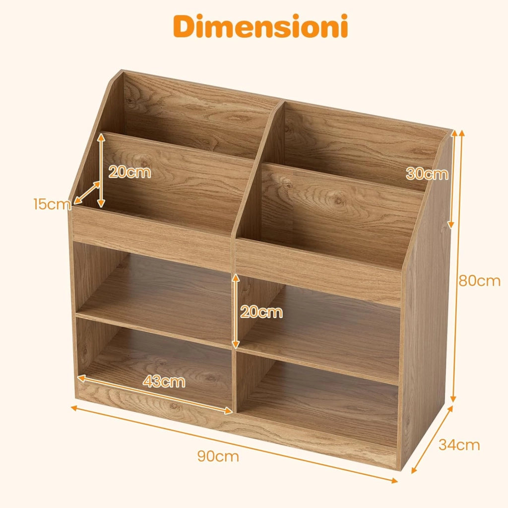 Libreria Montessoriana Porta Libri per Bambini, Scaffale Multifunzione con 4 Cubi e 4 Scomparti, Anti-ribaltamento, Salvaspazio per Cameretta e Stanza dei Giochi, 90x34x80 cm (Naturale)