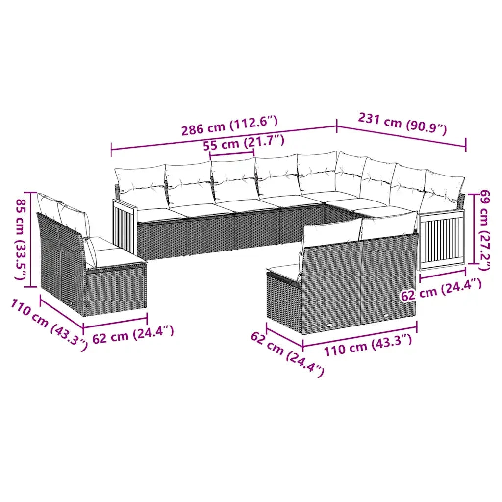 Set Divani da Giardino 12 pz con Cuscini Nero in Polyrattan 3260551