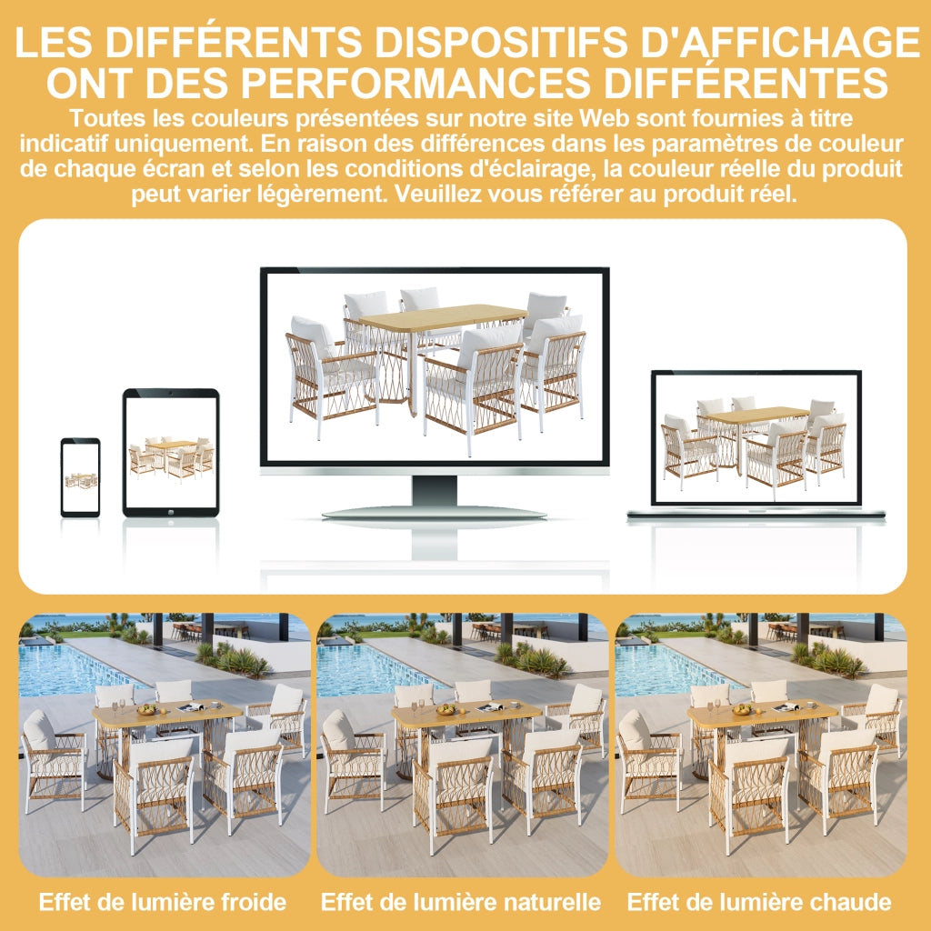 Set da giardino in rattan con tavolo lungo e 6 sedie con cuscini