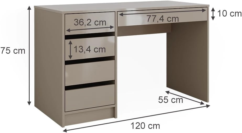 Tavolo da toeletta Sherry, Grigio lucido, 120 cm Senza specchio, 5 cassetti per diverse esigenze di conservazione