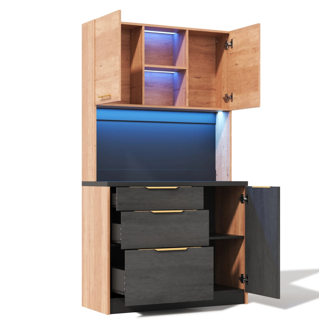 Credenza alta da cucina 100x40x180 cm in MDF, finitura moderna, piano nero, LED regolabile e presa EU