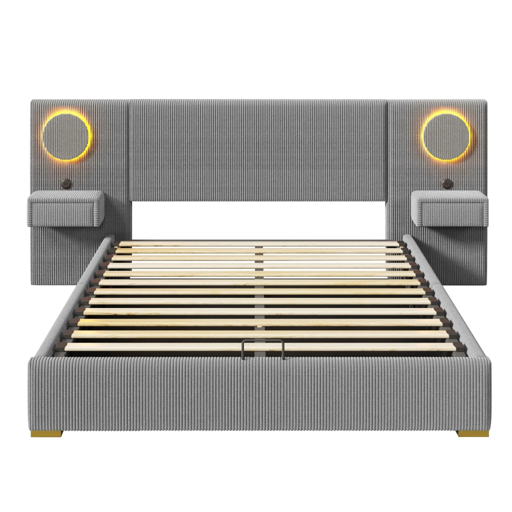 Letto matrimoniale 180 × 200 cm con contenitore idraulico, LED e USB, senza materasso, in velluto, grigio