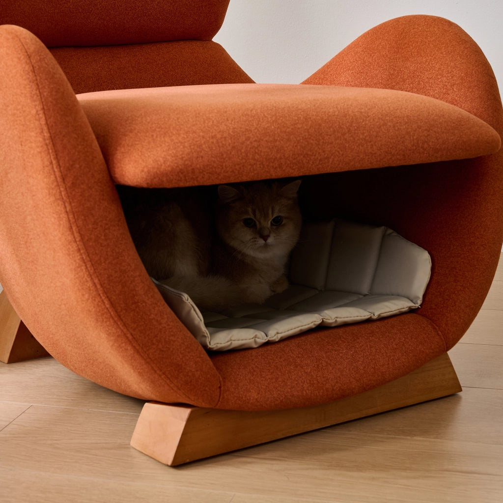 OKWISH Poltrona in Tessuto, con Nicchia Integrata per Gatto o Cane di Piccola Taglia, Seduta Imbottita e Piedi in Legno, Rosso Mattone