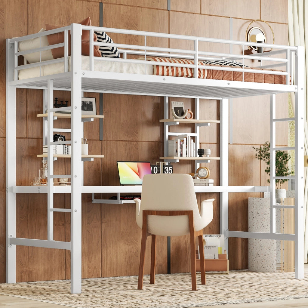 LETTO a soppalco 90x200 cm in metallo bianco con scrivania e 2 librerie