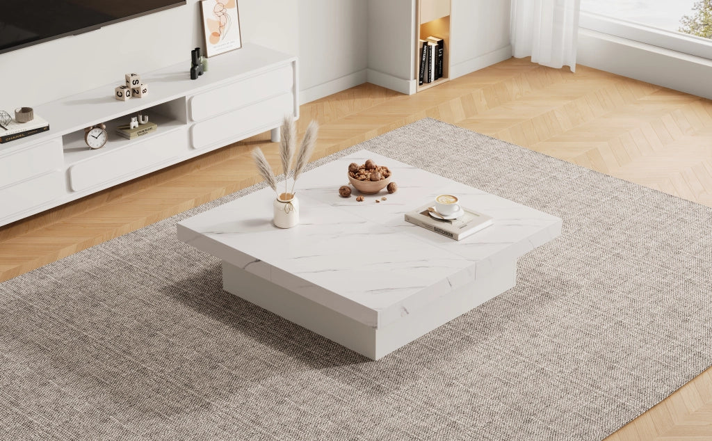 TAVOLINO DA SALOTTO 90 x 90 x 25 cm Bianco effetto marmo con 4 cassetti