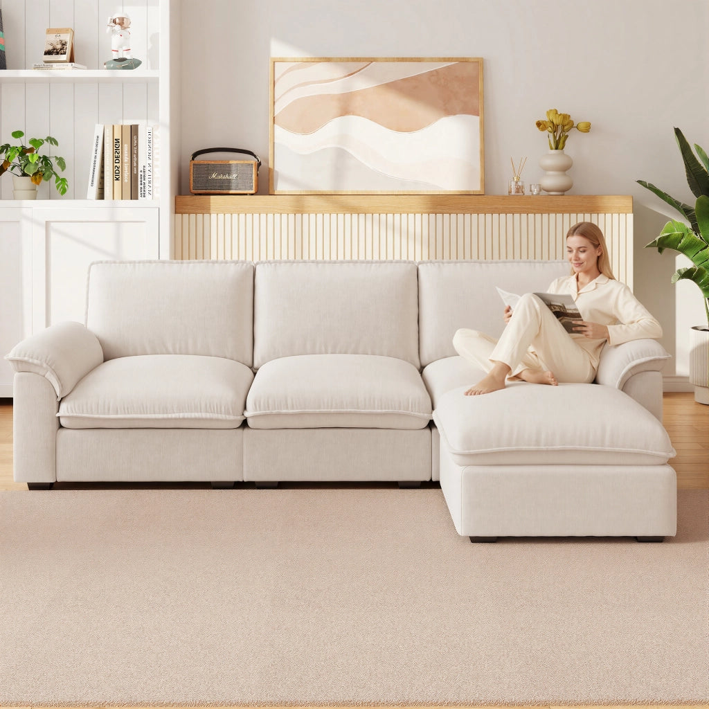 Divano angolare modulare 4 posti con ottomana configurabile cuscini di supporto design ergonomico in chenille beige