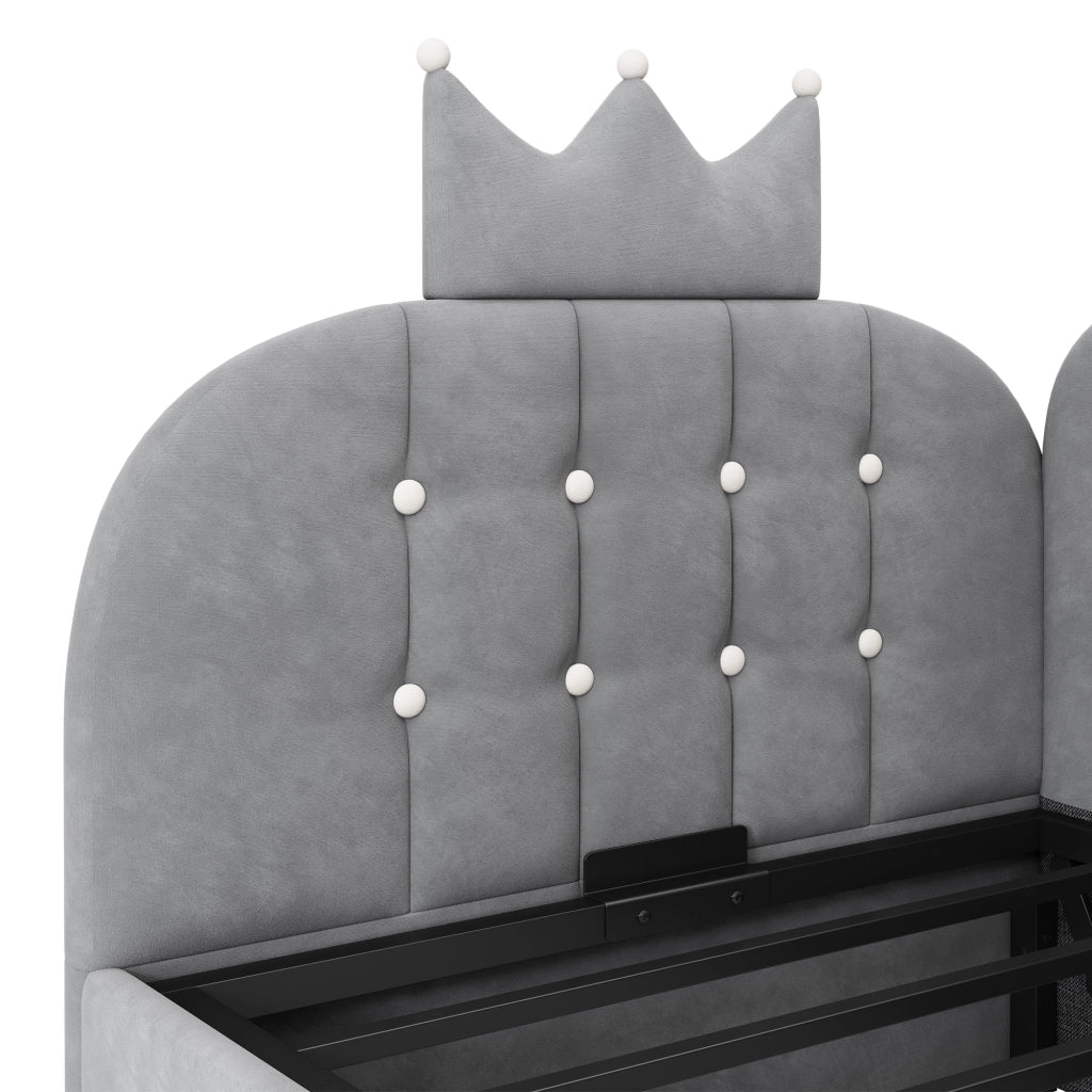 Letto singolo contenitore in velluto grigio 90x200 cm, design a corona, con rete a doghe, senza materasso
