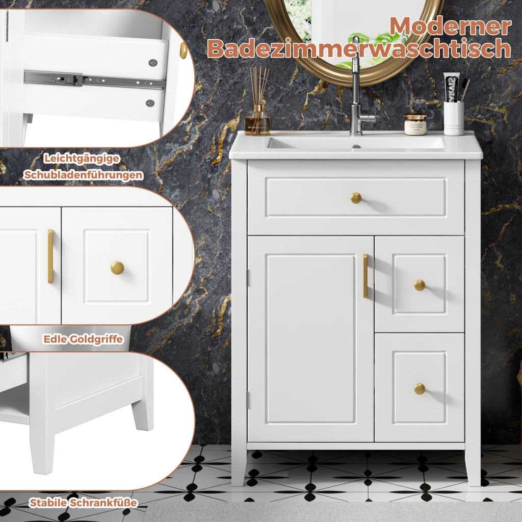 Mobile bagno a terra 61 cm bianco con lavabo in ceramica e maniglie oro