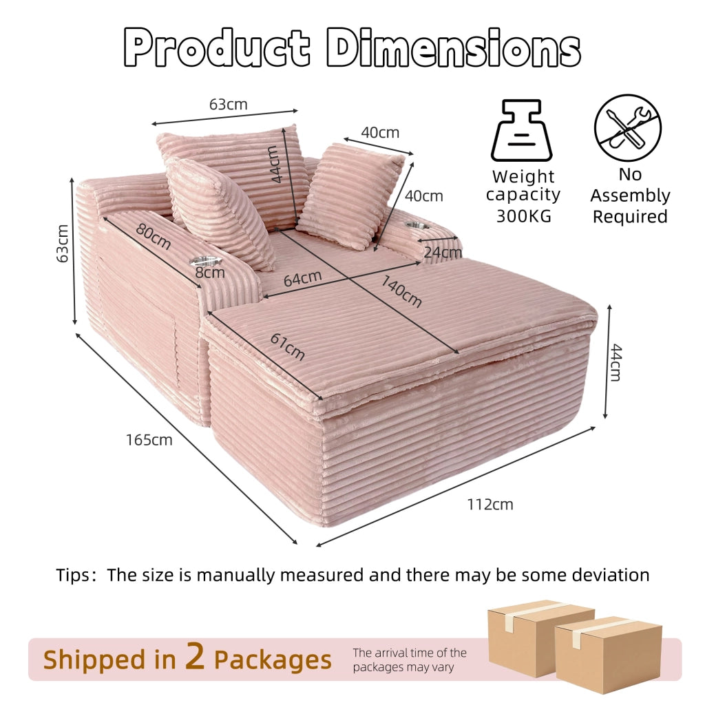 Divano modulare boneless con chaise longue cuscini e portabicchieri senza montaggio per salotto in velluto a coste rosa